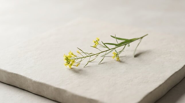 A single stem of Camelina sativa with yellow flowers resting on a textured light stone surface, minimalist nature photography with soft natural lighting