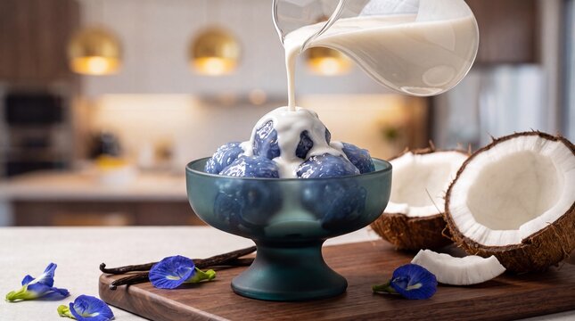 Traditional Cambodian Nom Kom rice dumplings with coconut milk drizzle