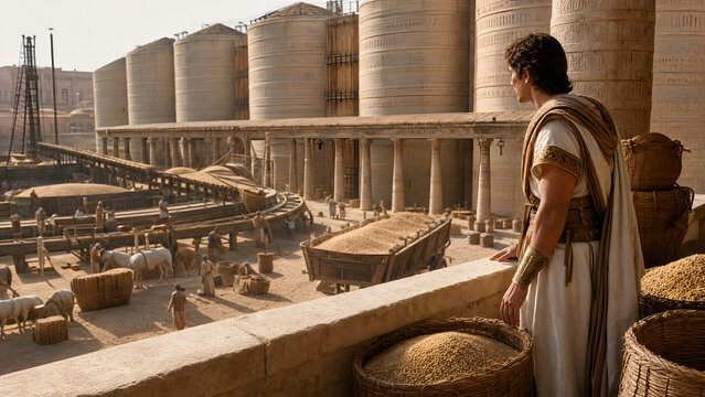 Ancient egyptian official overseeing a vast grain storage and distribution complex at a bustling port, preparing for famine