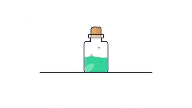 Minimalist 2D animation of a glass bottle filled with bubbling green liquid on a white background.
