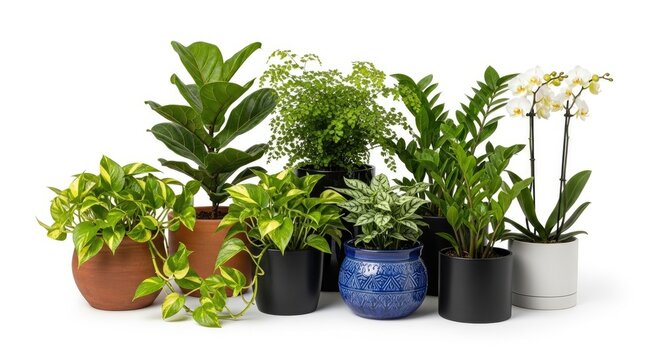 A collection of potted plants sits on a white surface. The plants include a pothos, a philodendron, a zebrina, a miniature fern, a calathea, an orchid, and a white orchid.