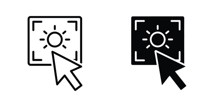 Brightness adjustment interface set featuring sun symbol and computer mouse cursor for digital screen settings