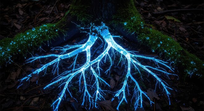 Bioluminescent roots glow with neon blue light under a dark forest floor, illuminating wet moss and soil in a mystical woodland night scene, detailed, light, connection
