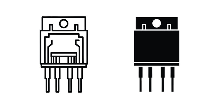 Electronic transistor component in outline and solid black styles for circuit board and technical schematics