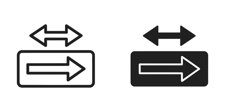 Horizontal directional arrow inside a rectangular box with an additional arrow above in outline and solid