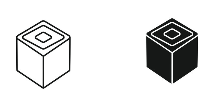 Isometric cube with concentric square pattern in simple outline and solid black style geometry shape