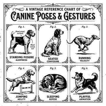 Vintage reference chart of canine poses and gestures illustration with illustration