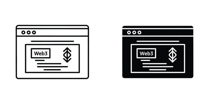 Web3 browser window set with code snippets and abstract geometric symbols in outline and solid black styles