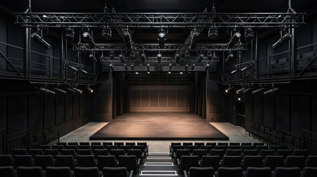 A dark theater stage is illuminated by a grid of overhead lights. Rows of black theater seats face the empty stage.