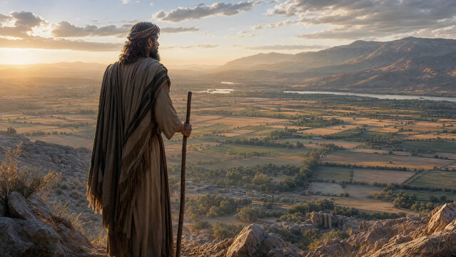 A biblical figure standing on a mountain peak overlooking a vast valley at sunset