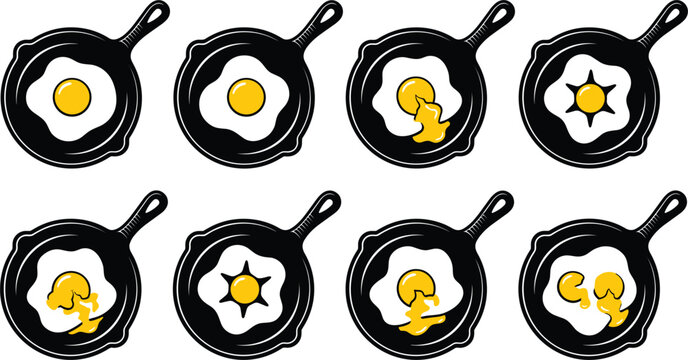 Fried eggs cooking in black cast iron skillets with different yolk shapes broken runny and sunny side up vector
