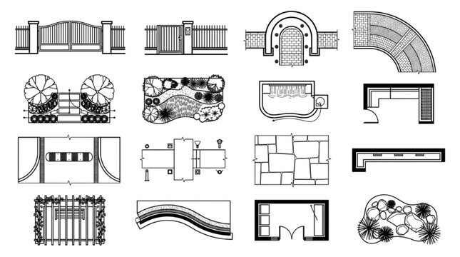Architectural gate fence and landscape design details cad vector drawing
