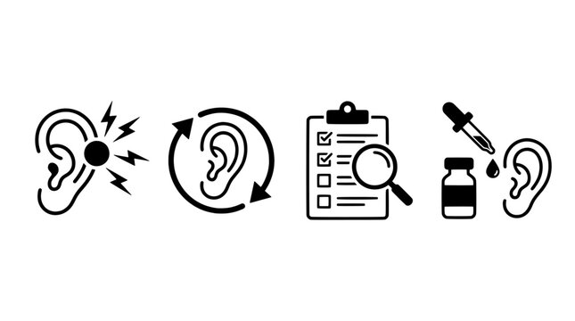 Ear health and medical treatment icons showing pain, examination, diagnosis and medication application