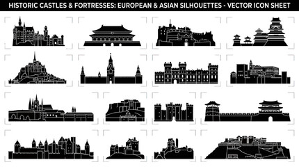 Fototapeta premium Historic Castles & Fortresses: European & Asian Silhouettes - Vector Icon Sheet