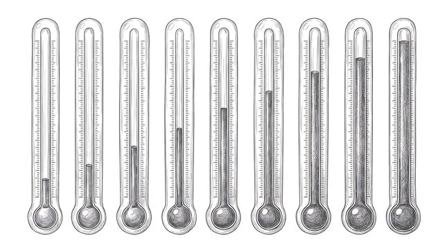 A Series of Hand Drawn Thermometer Sketches Showing Various Temperature Levels and Gradual Heat Increase for Climate Measurement