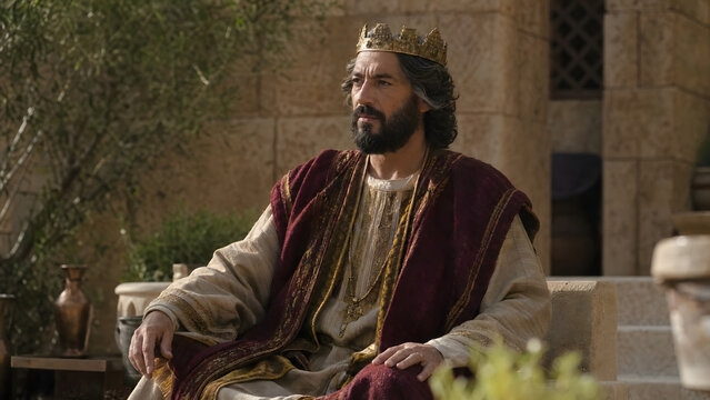 King david sitting on a throne, ancient israelite attire, regal, historical drama