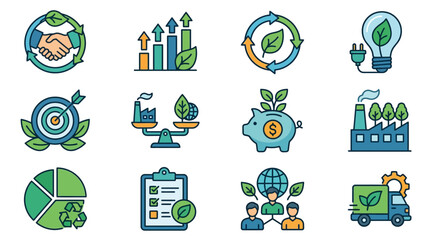 Fototapeta premium Creative Colorful Illustrated Icons Set Featuring Sustainable Development Growth Partnership and Eco Friendly Concepts