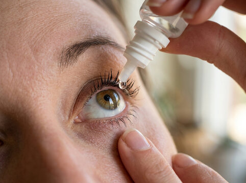 Woman putting medical eye drops into her eye for better vision and relief from dry irritation at home