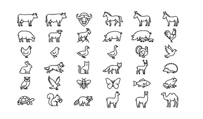 Fototapeta premium Farm Animal Outline Vector Icon Collection with Livestock Poultry Pet and Wildlife Line Art Symbols Isolated on White for Agriculture Veterinary and Education