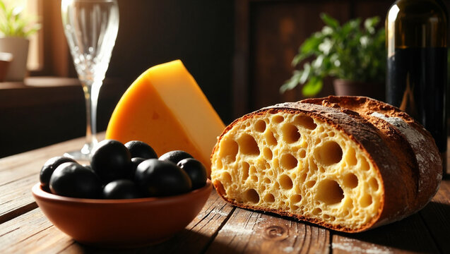 Traditional Italian Pane di Altamura sourdough bread with yellow durum wheat semolina crumb, served on a rustic wooden table with black olives, cheese, and red wine.