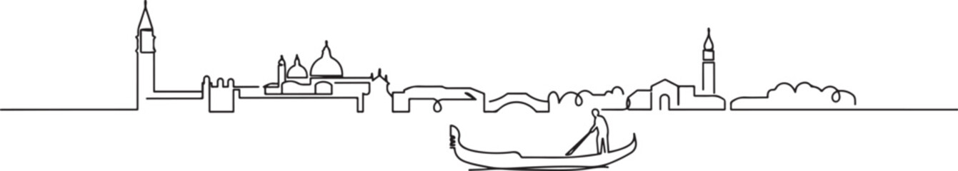 Venice cityscape panorama with the old town, canal, and gondola with gondolier in Italy, one line vector icon © NsiMul