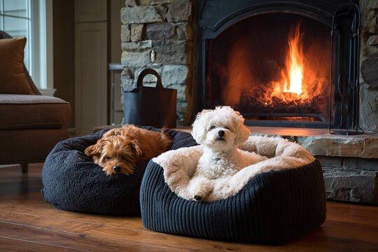 cozy pet beds next to a warm family fireplace