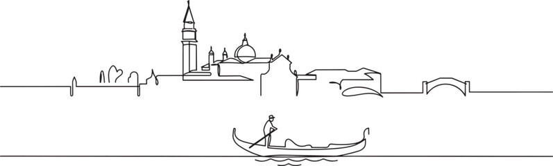 Venice cityscape panorama with the old town, canal, and gondola with gondolier in Italy, one line vector icon © NsiMul