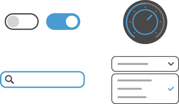Modern Minimalist Web UI UX Element Set with Toggle Switches Search Bar Volume Dial Knob and Dropdown Menu for Mobile App Interface Vector Graphic Designs