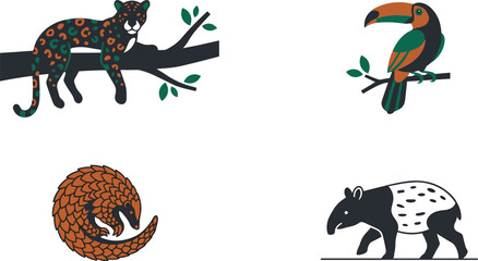 Fototapeta premium Rainforest Wildlife Vector Set featuring Jaguar on Branch, Toucan Bird, Curled Pangolin, and Malayan Tapir Illustrations for Jungle Conservation and Zoo Education Designs