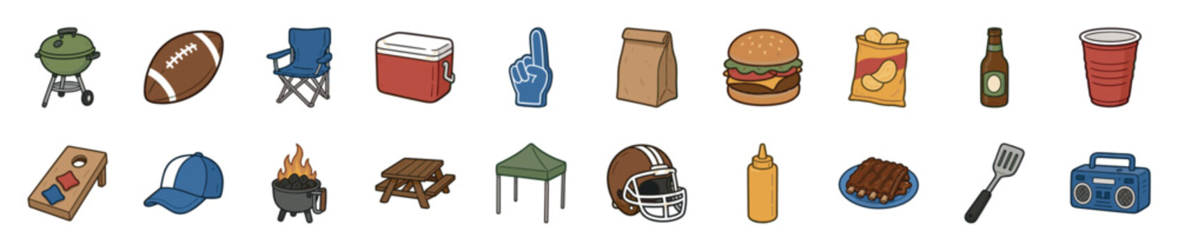 Set of colorful cartoon tailgating party icons for a football game celebration, featuring a grill, food, drinks, and fan accessories like a foam finger and helmet