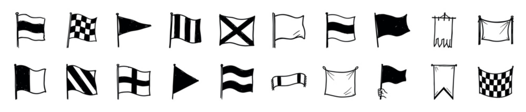 Collection of hand-drawn doodle flags and banners in various shapes and patterns, including checkered, striped, and blank designs, presented in a simple black and white sketch style