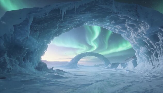 Frozen ice cave arch under aurora sky, winter landscape fantasy nature scene with polar snow field horizon, icy tunnel and cosmic glow dream space view