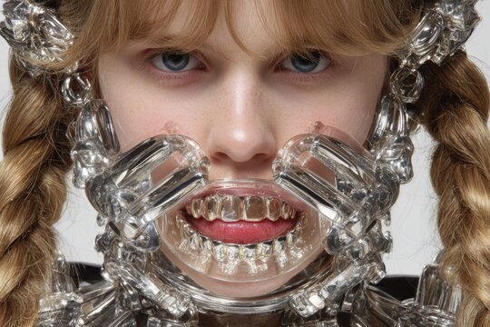 Woman wearing futuristic silver jewelry and teeth grill