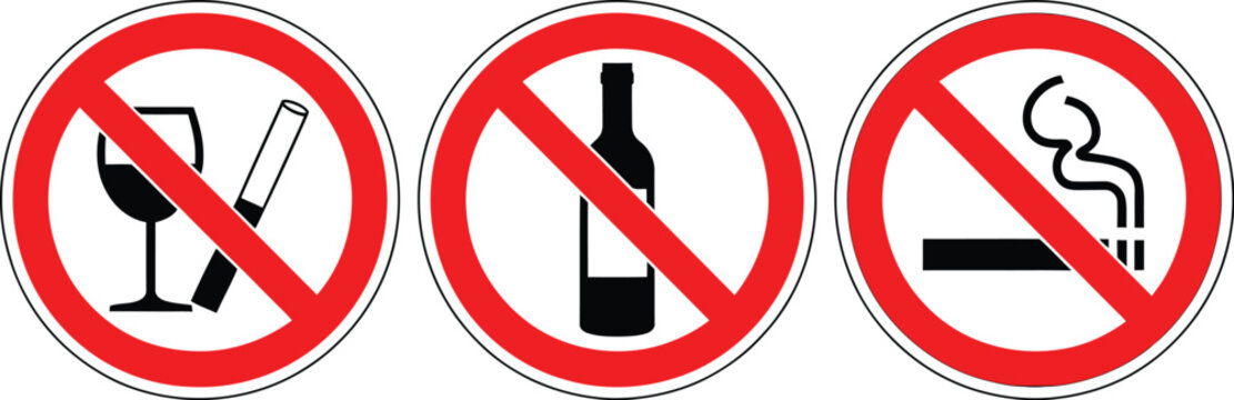 No smoking and no drinking alcohol red prohibition sign set containing cigarette wine glass bottle isolated on white background.