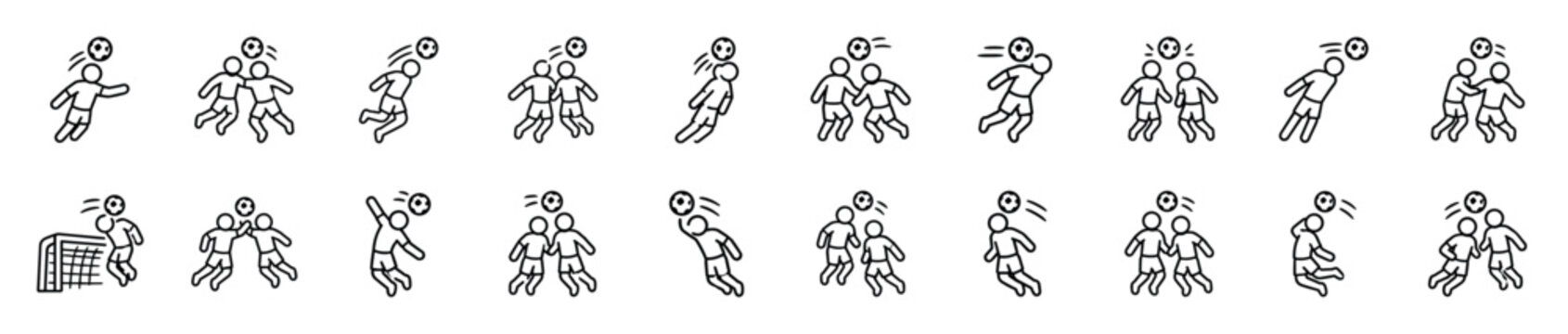 Collection of black outline icons depicting various soccer players heading the ball and competing for possession