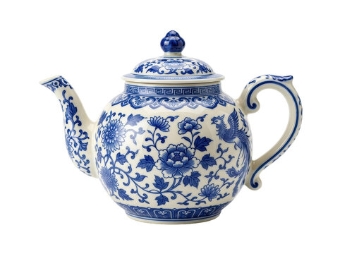 A blue and white porcelain teapot with floral pattern sits isolated on a plain background