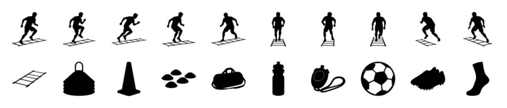 Black silhouette icon set of a soccer player performing agility ladder drills and various football training equipment for speed and coordination practice