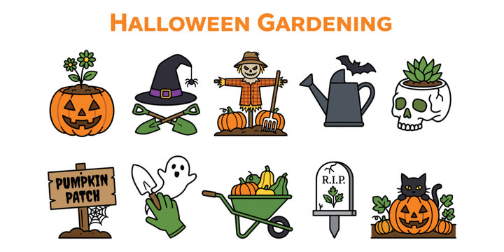 Halloween garden icons jack o' lanterns witch hats and spooky fall decor
