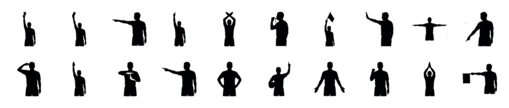 Large collection of black referee silhouettes showing various hand signals and official gestures for sports, including pointing, holding cards, blowing a whistle, and calling timeout