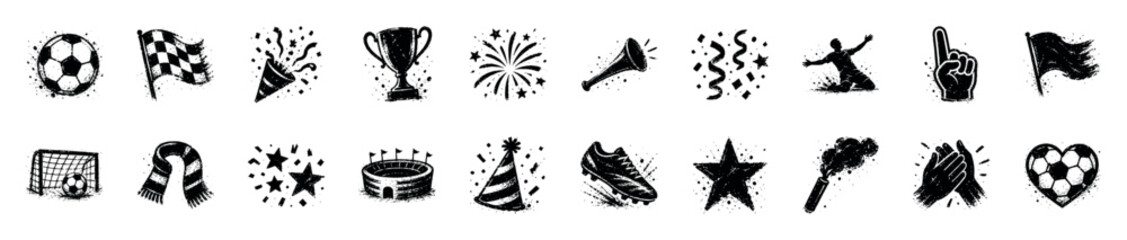 Fototapeta premium Collection of grunge-style black and white soccer and celebration icons with a textured, distressed appearance