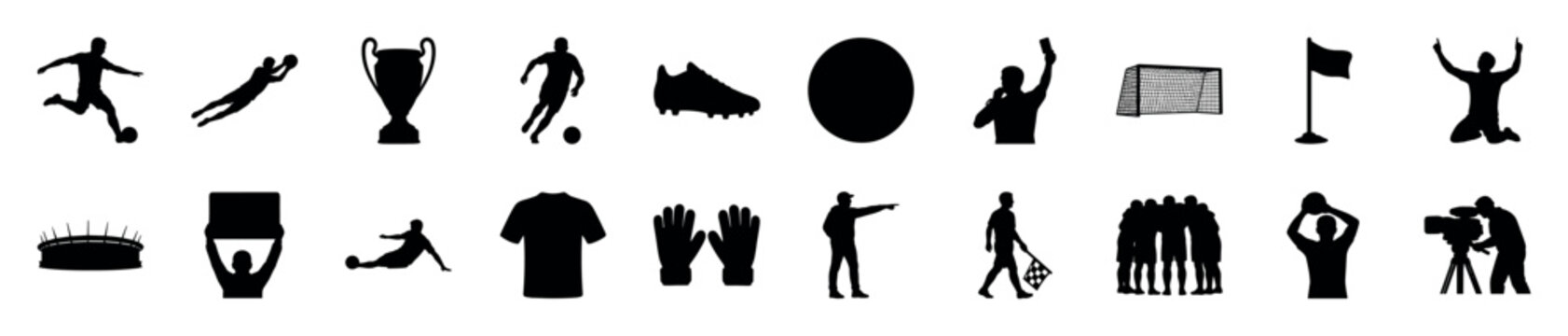 Collection of black silhouettes depicting various soccer-related elements including players, equipment, and stadium, presented in a clean, graphic style