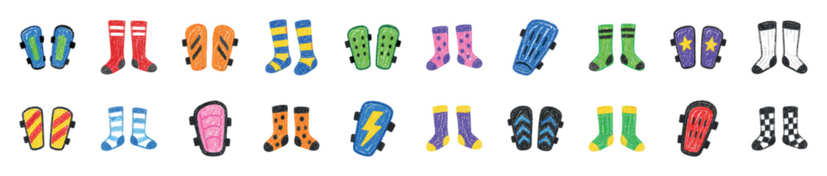 Colorful hand-drawn shin guards and socks in various patterns and bright colors, arranged in a playful, childlike style