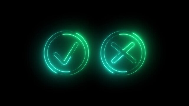 Neon glow Tick or check mark icon on Black Background . right and wrong animated neon icons, False and true. Correct and incorrect video.
