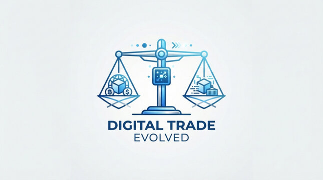 Digital trade evolved concept icon featuring a balanced scale measuring global financial currency against modern automated logistics