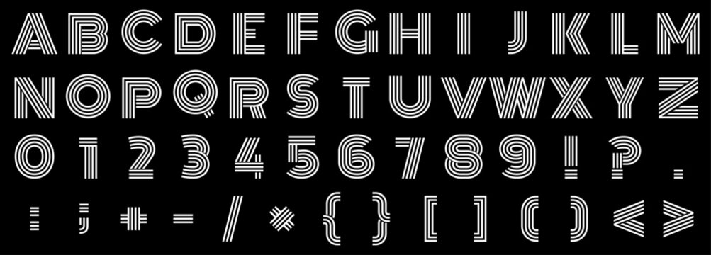 Creative multiline alphabet with uppercase A to Z, numbers 0 to 9, and punctuation symbols. Modern outline typography vector ideal for branding, logo, posters, headlines, packaging, and vector design.
