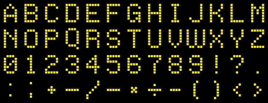Modern yellow pixel alphabet featuring uppercase A to Z, numbers 0 to 9, and punctuation symbols.