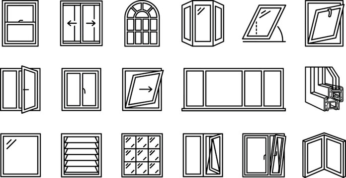Architectural Window Frame and Style Line Icon Set Featuring Sliding Casement Bay Arched Louver Tilt and Turn Profiles for Construction Designs