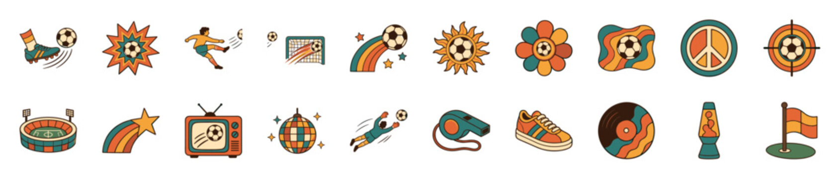 Collection of retro 70s-style football and groovy icons, including a soccer ball, player, stadium, peace sign, and lava lamp, rendered in a vibrant, playful cartoon aesthetic