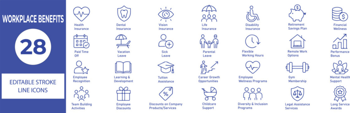 Workplace Benefits Vector Outline Icons Set &ndash; Employee Wellness, HR, Corporate Perks and Office Line Symbols Collection