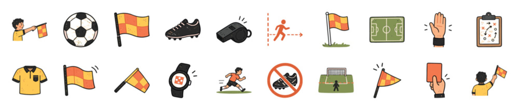 Collection of hand-drawn soccer-themed icons, including a ball, referee, flags, whistle, field, and tactical board, presented in a playful doodle style